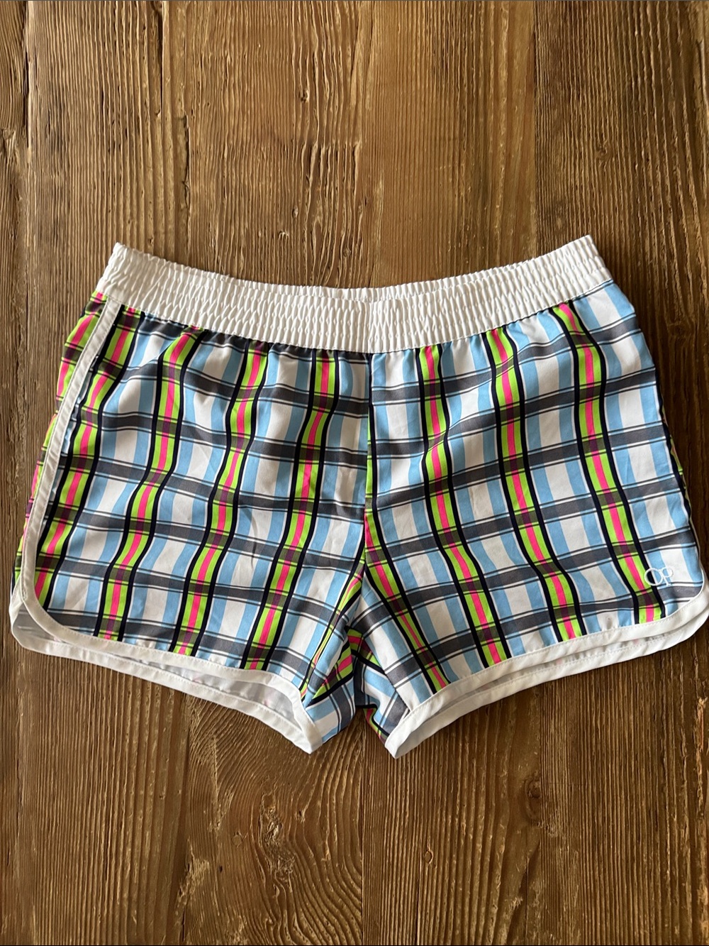 OP Plaid Athletic Shorts in Light Blue, White, Neon Green & Neon Pink